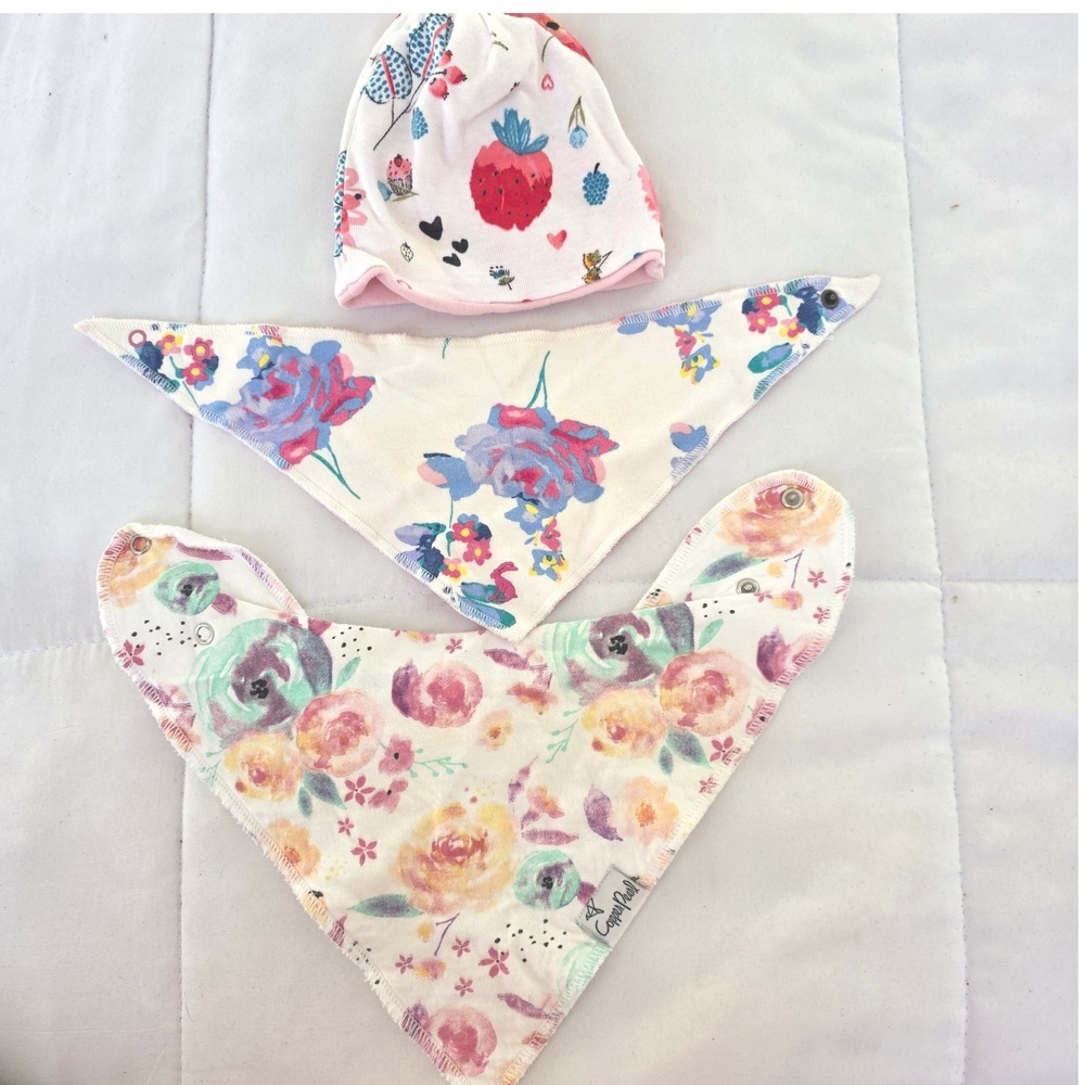 Copper Pearl Baby Hat and‎ Bib Set Floral Strawberry Print Cotton Blend